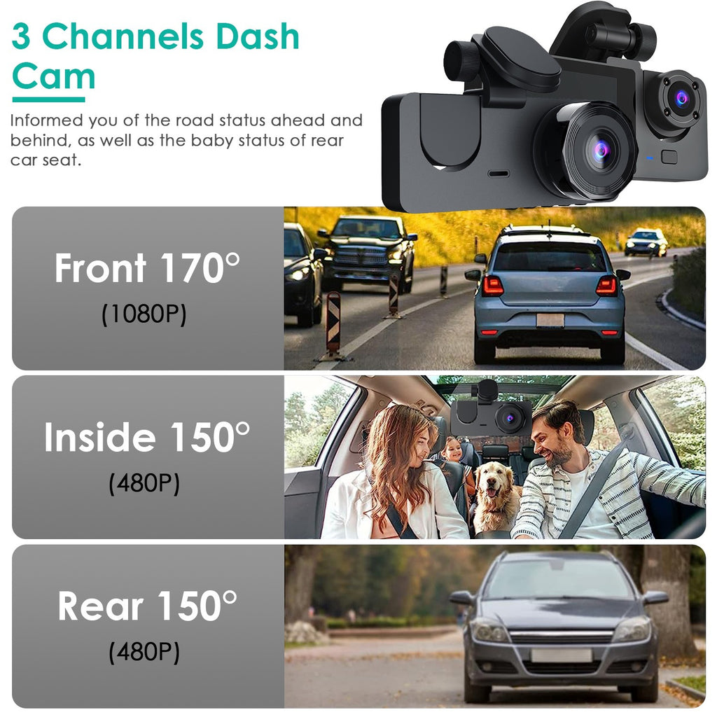 Triple‑camera dash cam with 1080p front cabin + rear