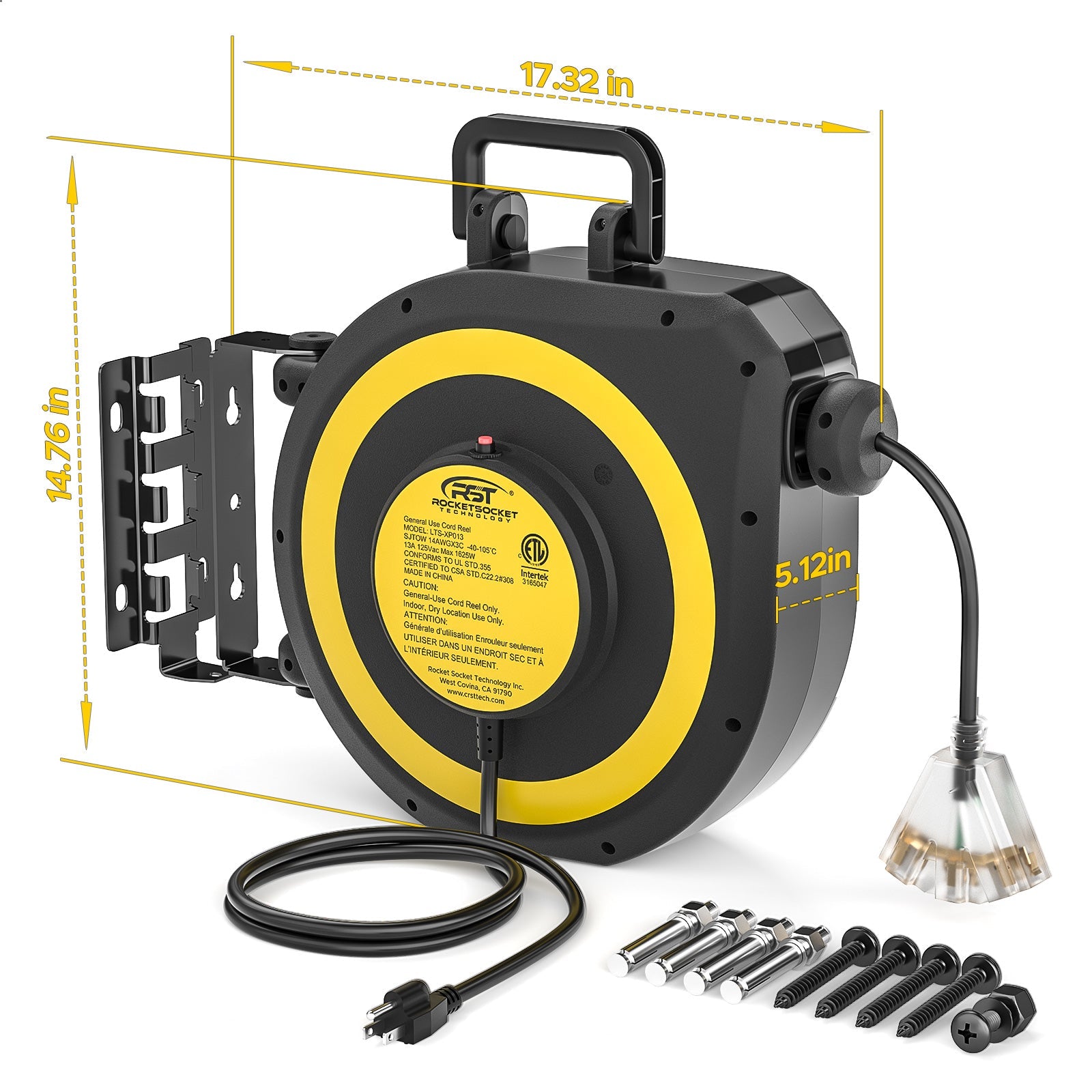 14AWG Retractable Extension Cord Reel — 50 ft, Auto‑Retract