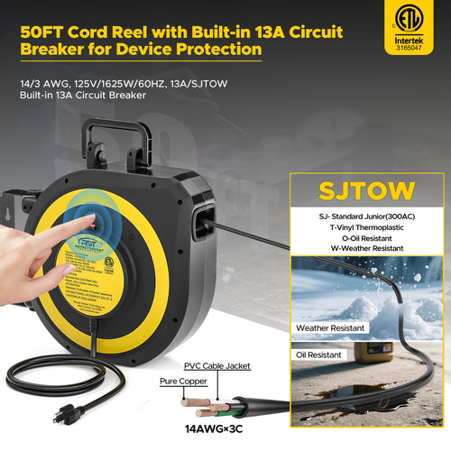 14AWG Retractable Extension Cord Reel — 50 ft, Auto‑Retract