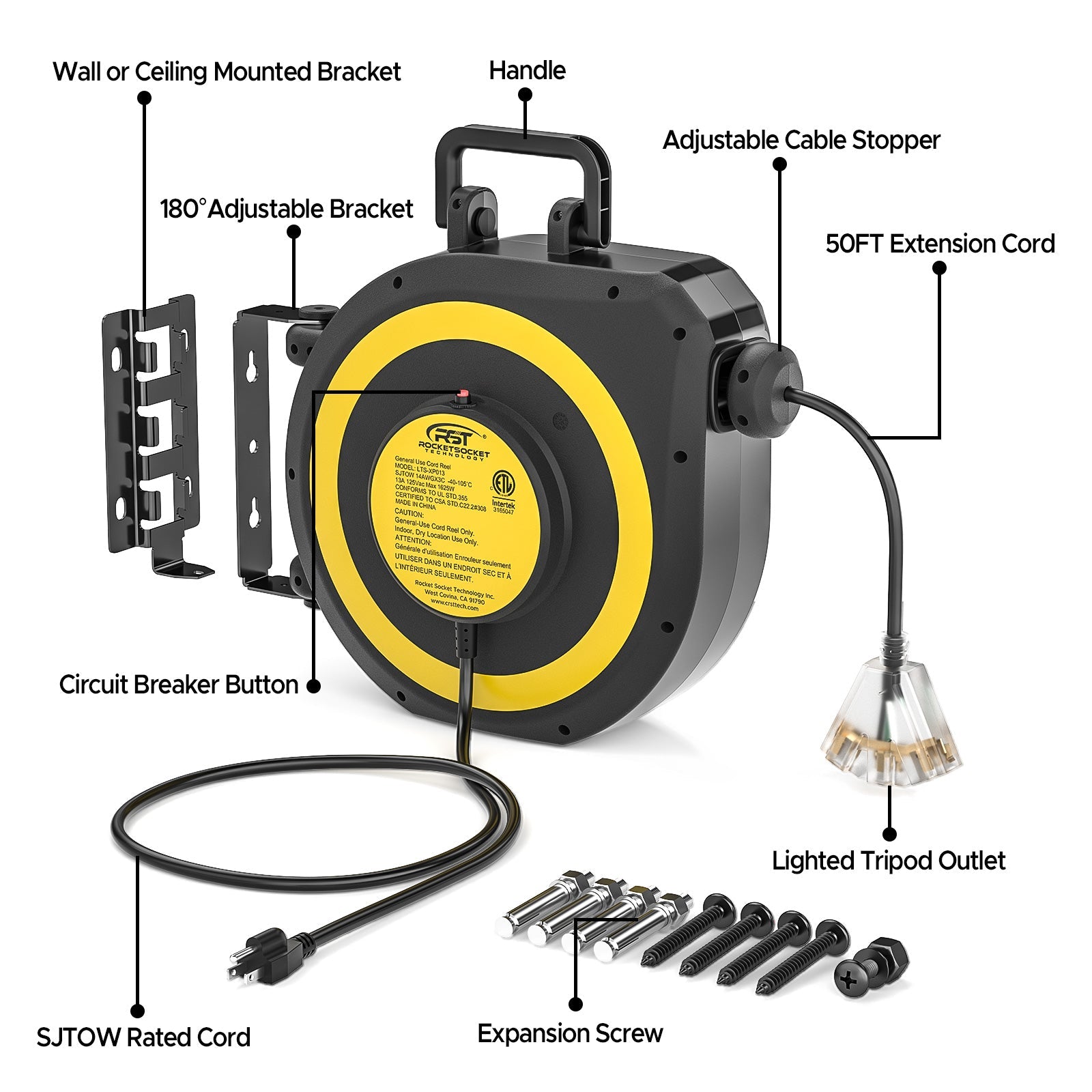 14AWG Retractable Extension Cord Reel — 50 ft, Auto‑Retract