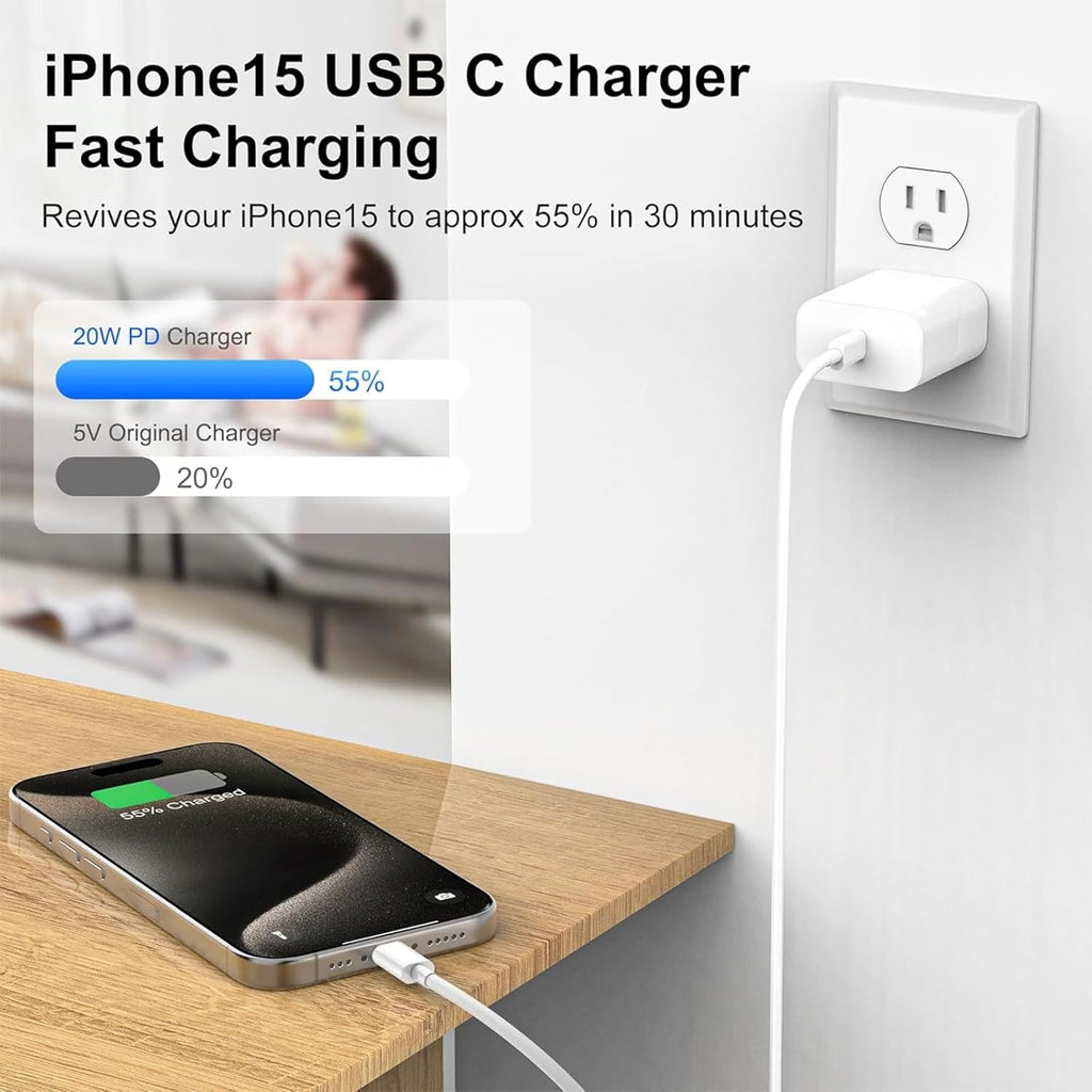 2‑Pack iPhone Fast Charger — USB‑C 20W PD Power Adapter + 6ft USB‑C