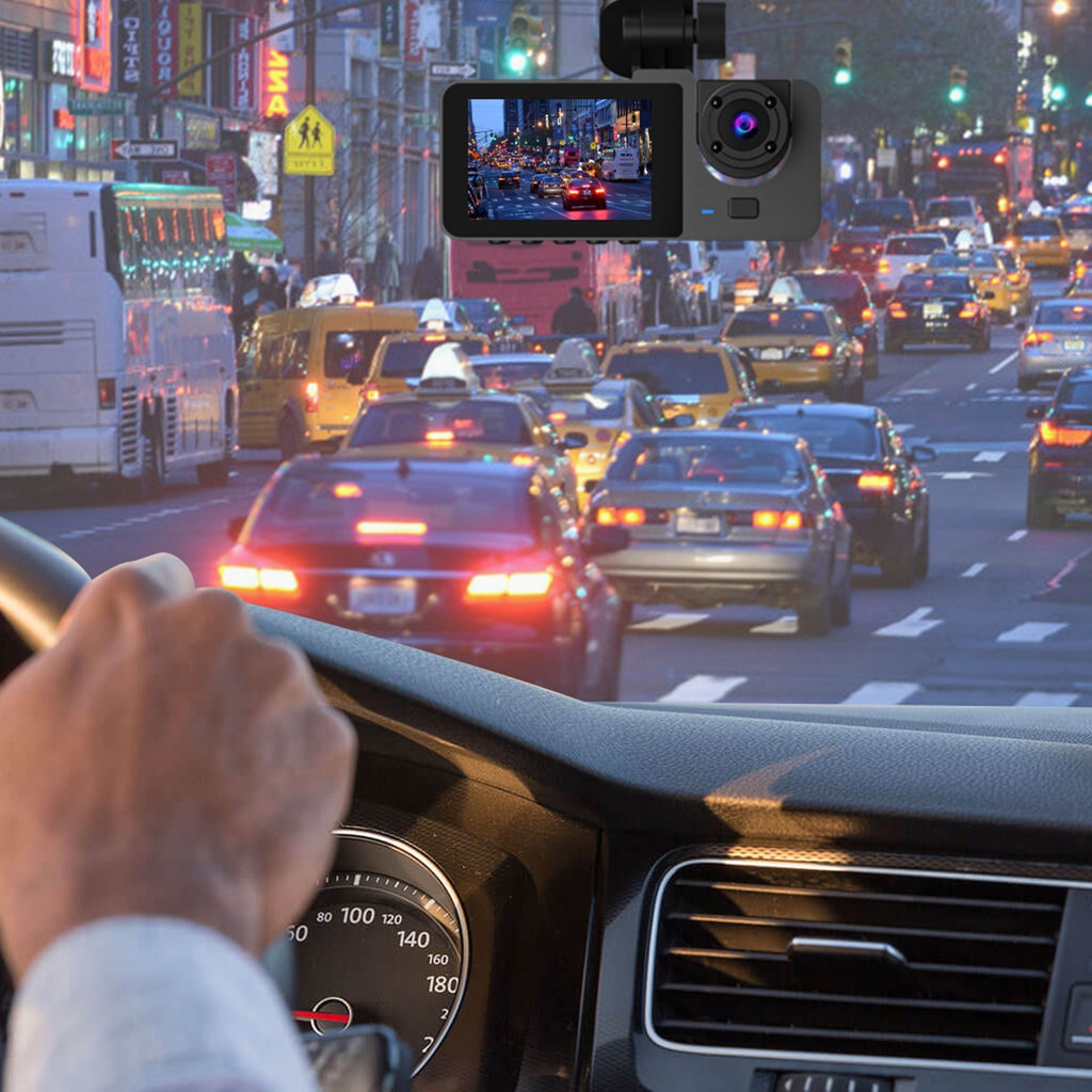 Triple‑camera dash cam with 1080p front cabin + rear