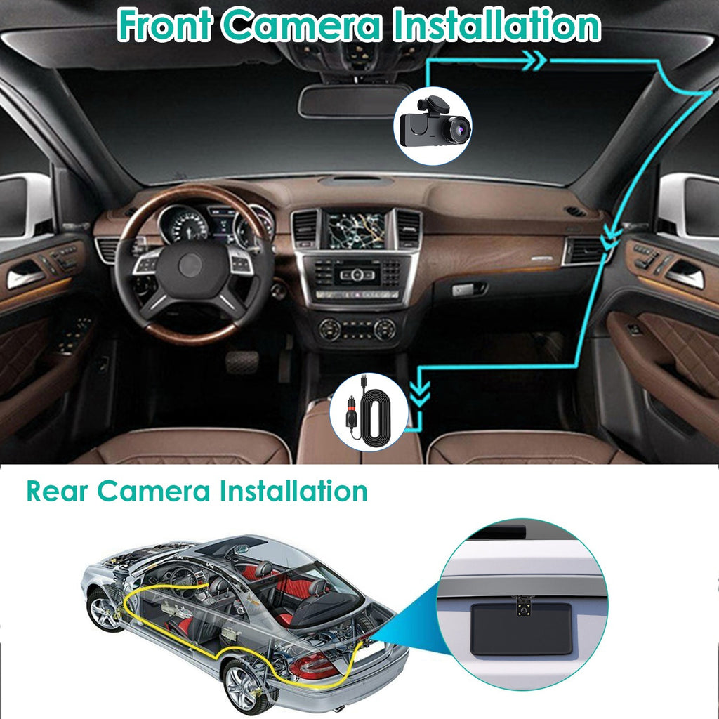 Triple‑camera dash cam with 1080p front cabin + rear