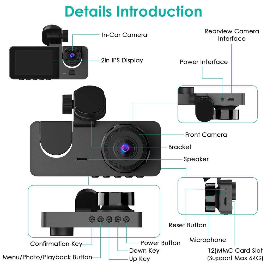 Triple‑camera dash cam with 1080p front cabin + rear