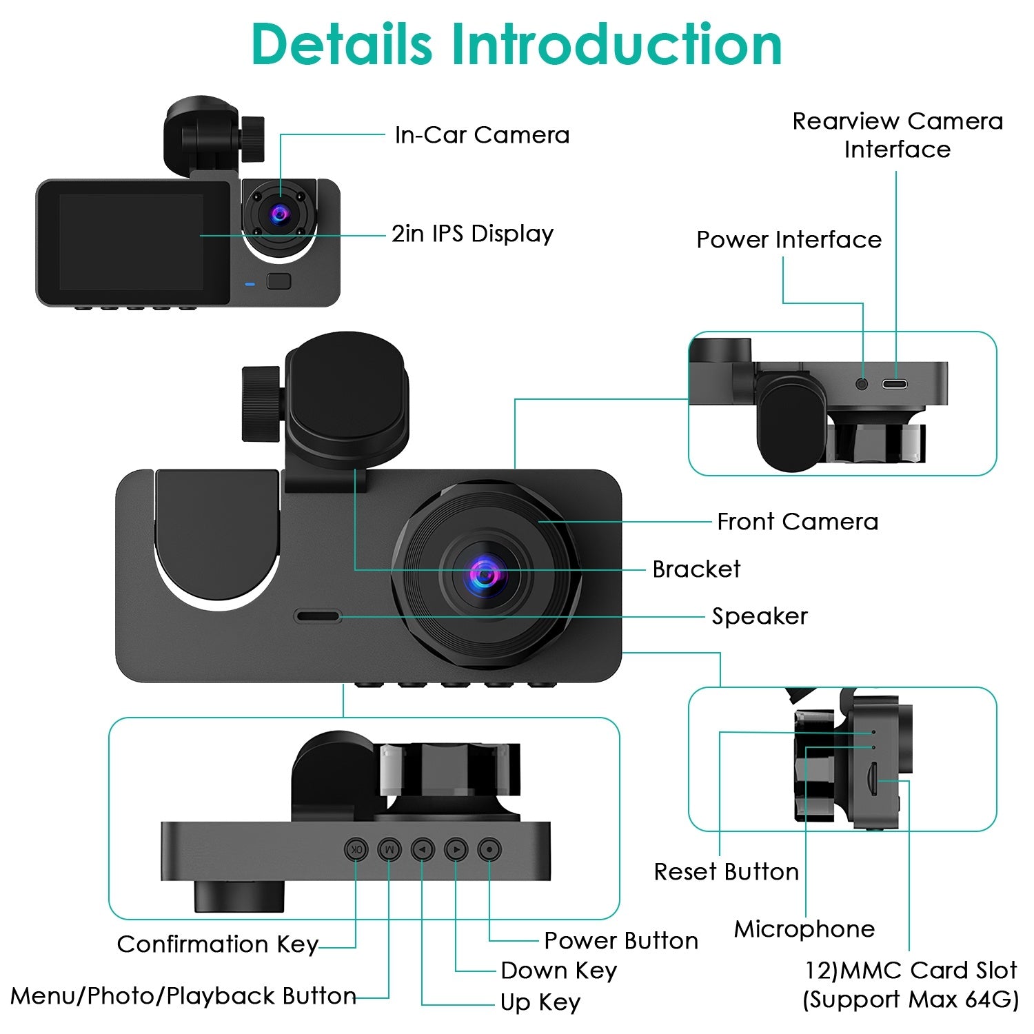 Triple‑camera dash cam with 1080p front cabin + rear