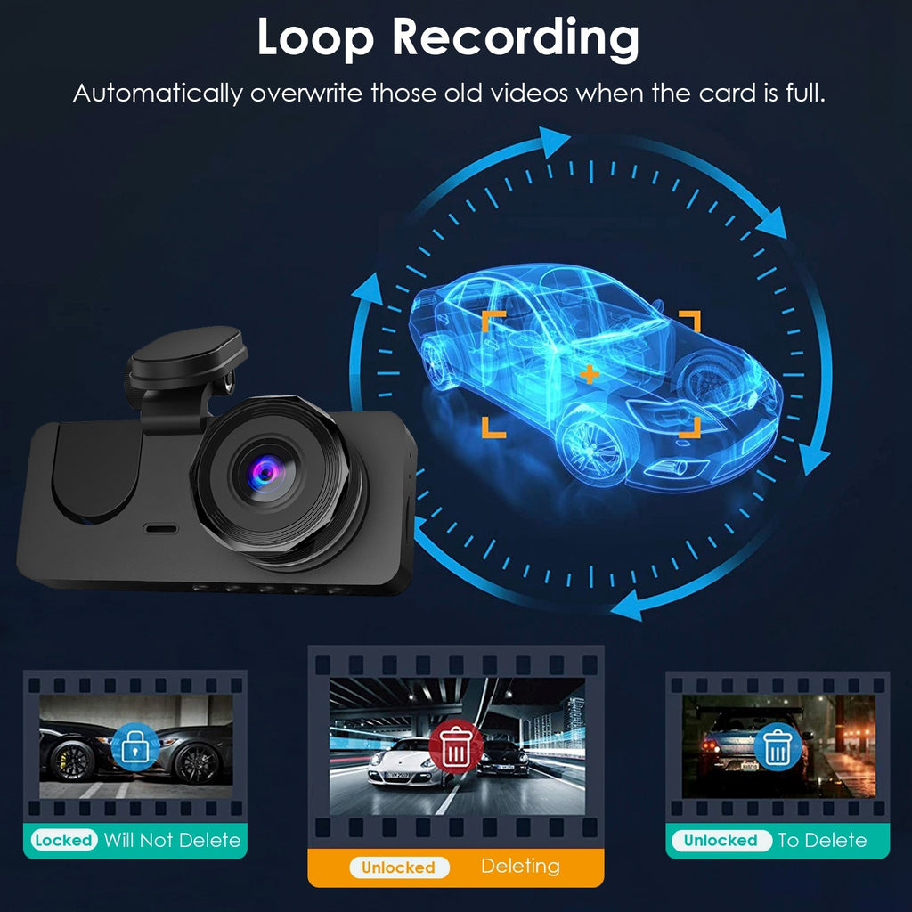 Triple‑camera dash cam with 1080p front cabin + rear