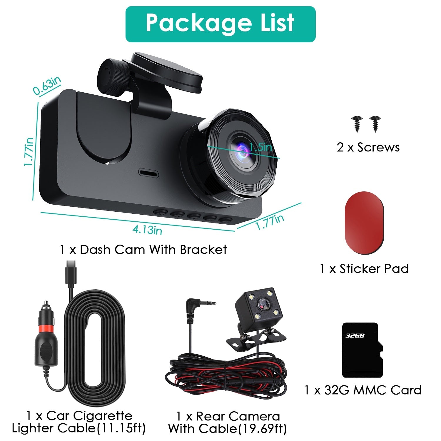 Triple‑camera dash cam with 1080p front cabin + rear