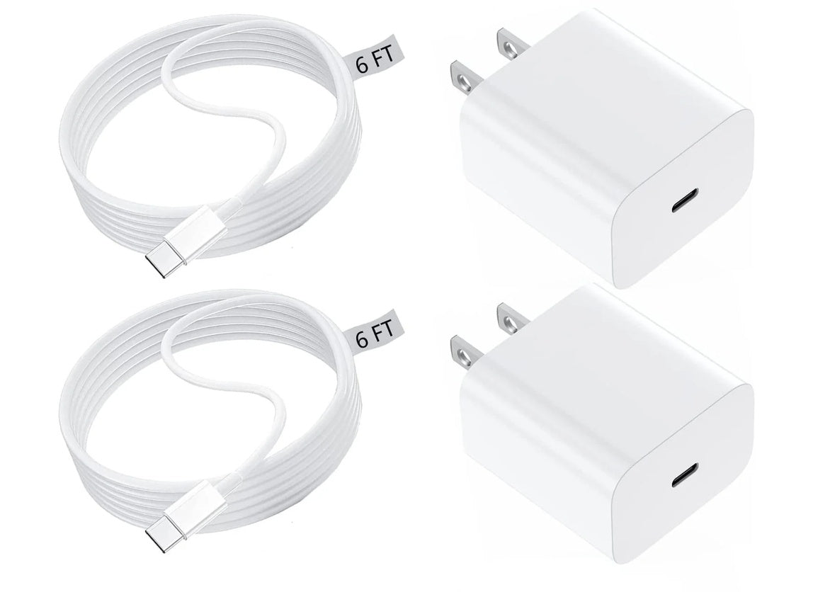 2‑Pack iPhone Fast Charger — USB‑C 20W PD Power Adapter + 6ft USB‑C