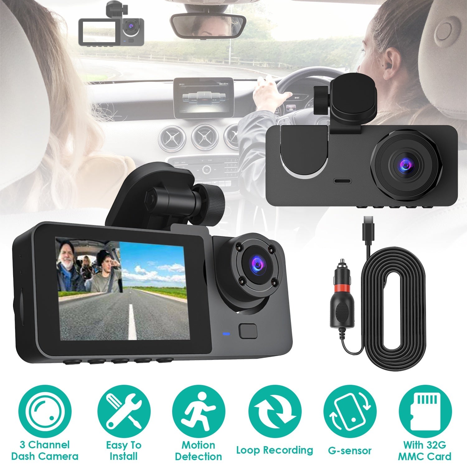 Triple‑camera dash cam with 1080p front cabin + rear